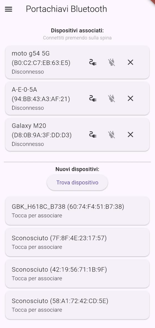Schermata di gestione dispositivi Bluetooth