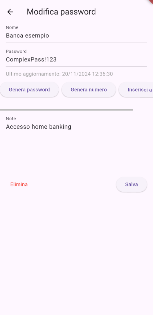 Schermata di modifica password